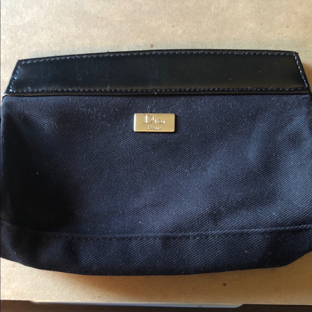 Dior Black Canvas & Leather Trim Cosmetic Pouch with Gold Plaque
